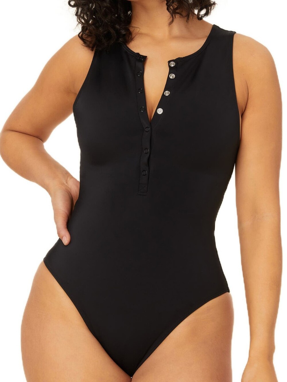 Andie The Malibu One-Piece Swimsuit Women's Large Black Henley Snap Front